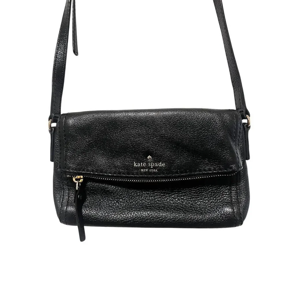 Kate Spade Crossbody Bag Womens Small Black Leather Foldover Zip Pocket Strap